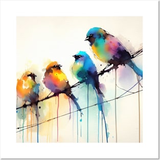 Colorful little birds on a wire in wet watercolor Posters and Art